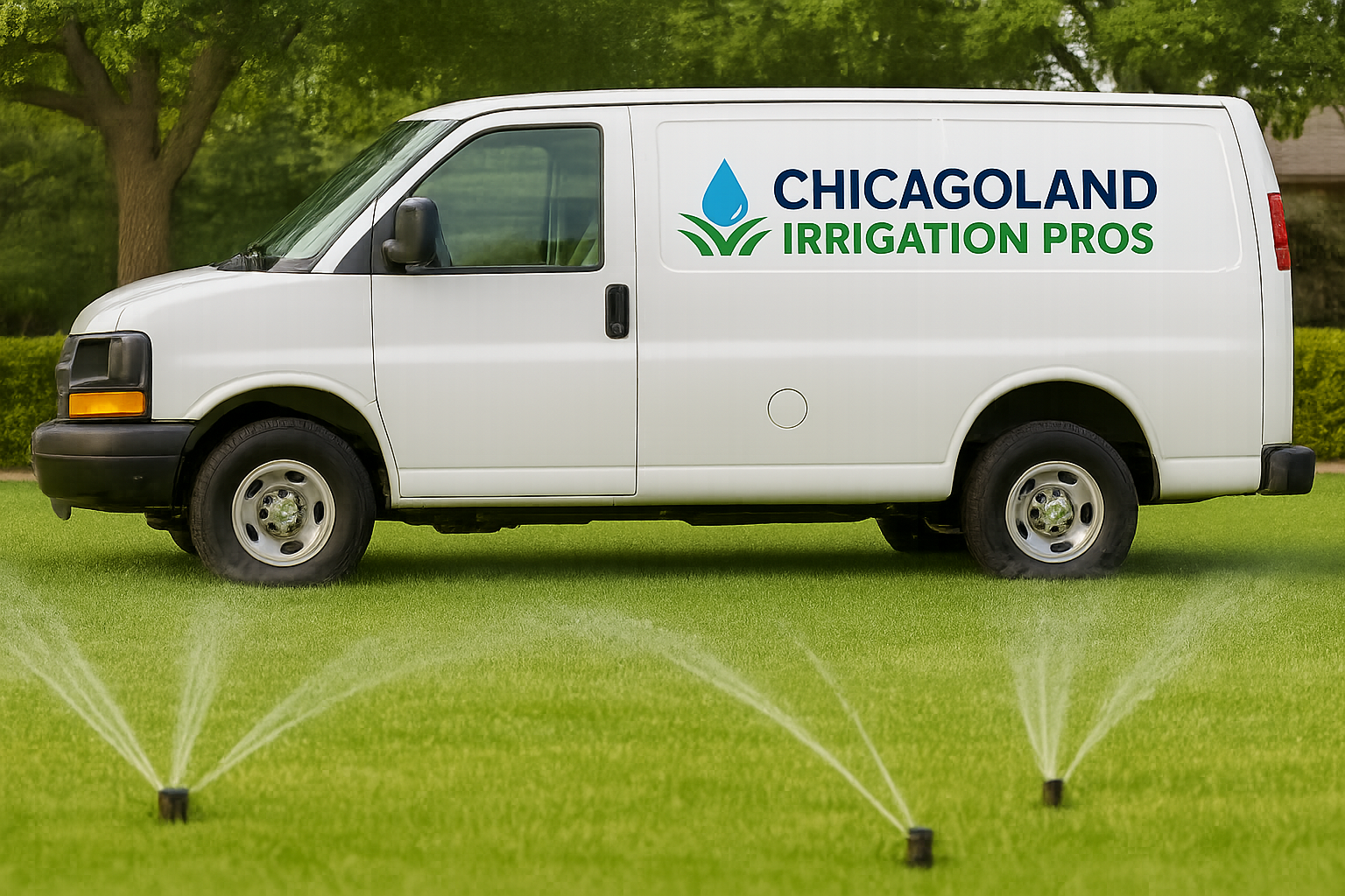 Sprinkler service van with Chicagoland Irrigation logo